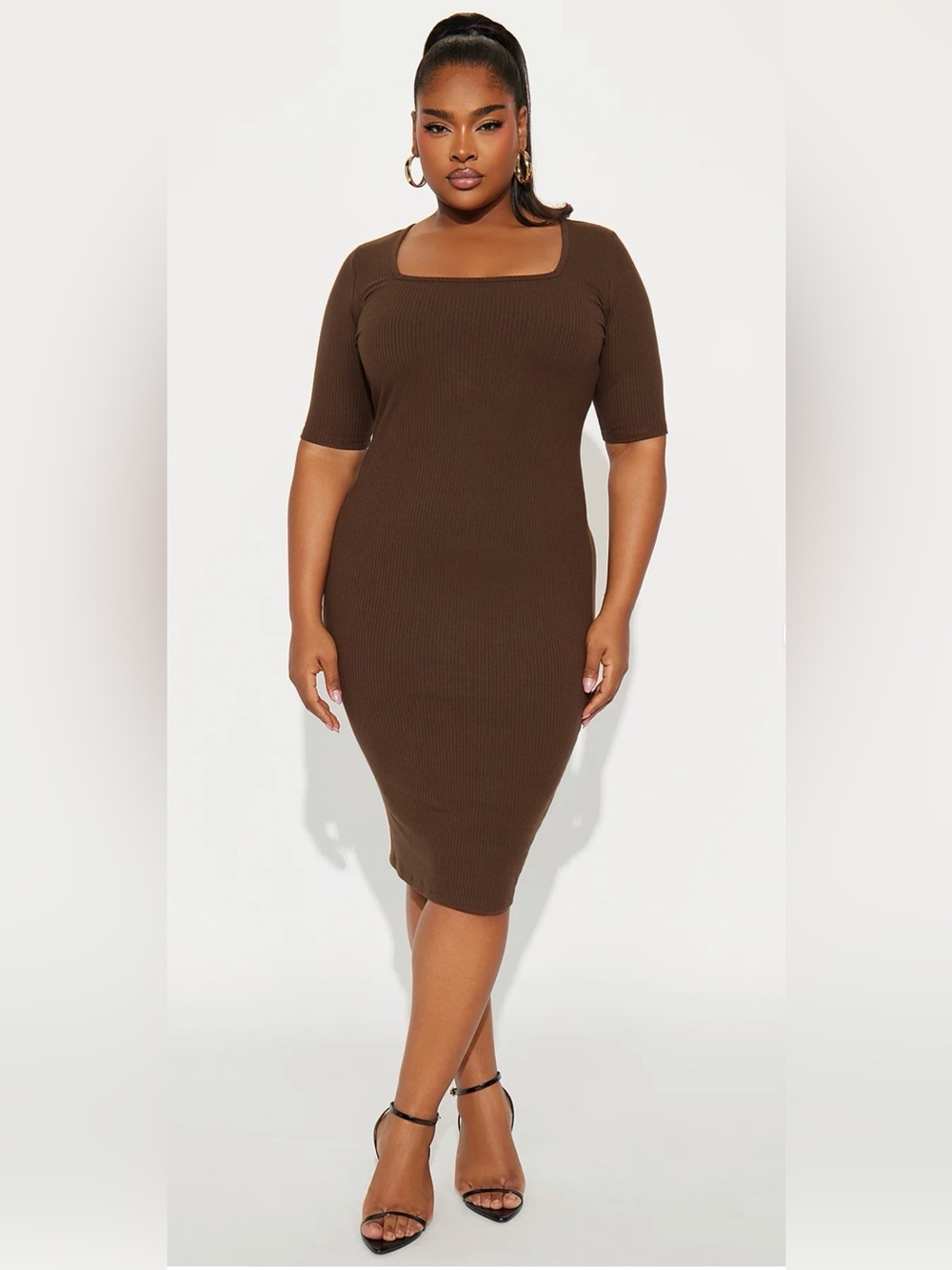 Fashion Nova Brown Ribbed Square-Neck Midi Dress